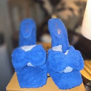 Blue Fuzzy Bow Heeled Sandals